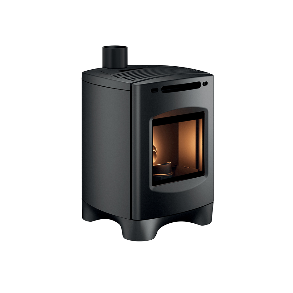 Poêle à granulés compact EVOL 6 kW SDC noir mat présenté avec tubage sortie dessus concentrique ø80-130
